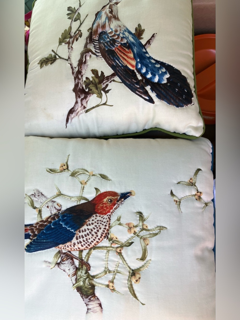 Set of 2 Vintage Bird Embroidered Quilted Throw Pillows Cottagecore Nature Decor